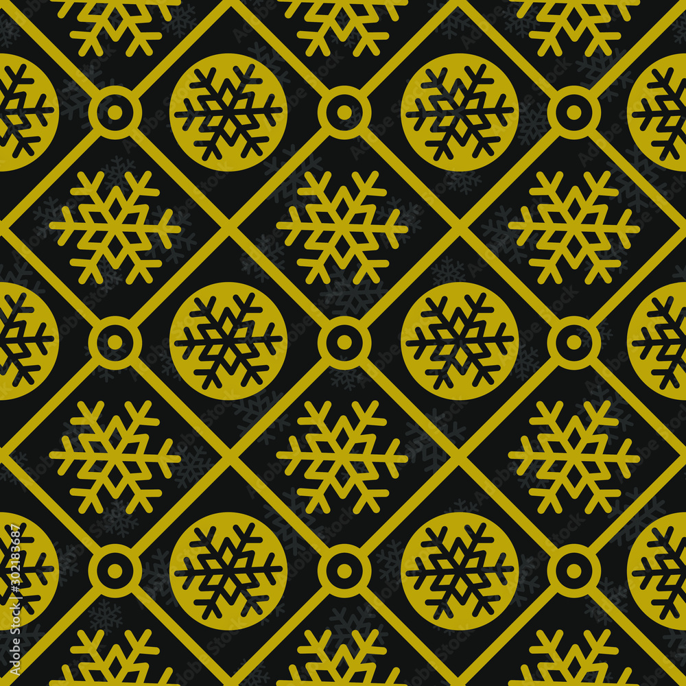 Vector seamless geometric pattern with golden snowflakes on black background; winter design for greeting card, gift box, wallpaper, wrapping paper, fabric, web design.