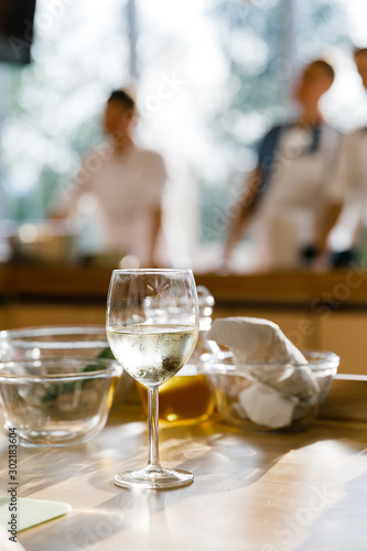 glasses of white wine in restaurant