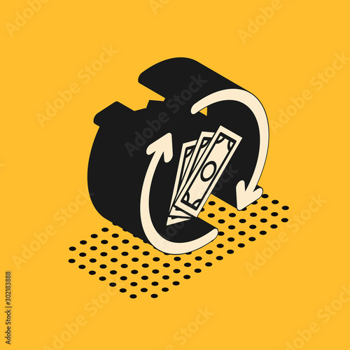 Isometric Refund money icon isolated on yellow background. Financial services, cash back concept, money refund, return on investment, savings account. Vector Illustration