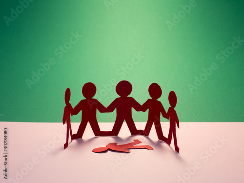 Group mockery or racism in school, work, social network. Worl issue. Human terror conflict concept. Paper peaple design