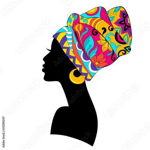African Woman silhouette with bright multicoloured Turban isolated on white background
