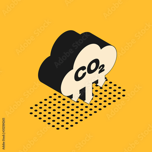 Isometric CO2 emissions in cloud icon isolated on yellow background. Carbon dioxide formula symbol, smog pollution concept, environment concept. Vector Illustration