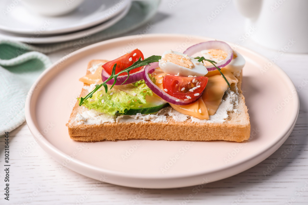 Delicious sandwich served on white wooden table, closeup