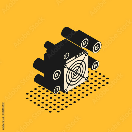 Isometric ASIC Miner icon isolated on yellow background. Cryptocurrency mining equipment and hardware. Application specific integrated circuit. Vector Illustration