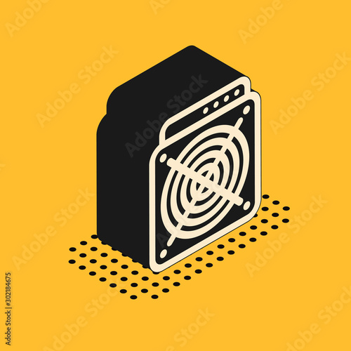 Isometric ASIC Miner icon isolated on yellow background. Cryptocurrency mining equipment and hardware. Application specific integrated circuit. Vector Illustration