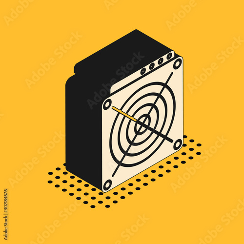 Isometric ASIC Miner icon isolated on yellow background. Cryptocurrency mining equipment and hardware. Application specific integrated circuit. Vector Illustration