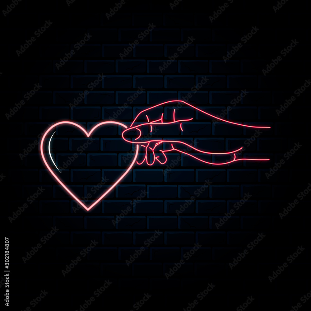 Glowing neon sign with luminic woman's hand holding heart, giving love and care for happy valentines day or wedding celebration. Vector isolated romantic led signboard for family cafe background