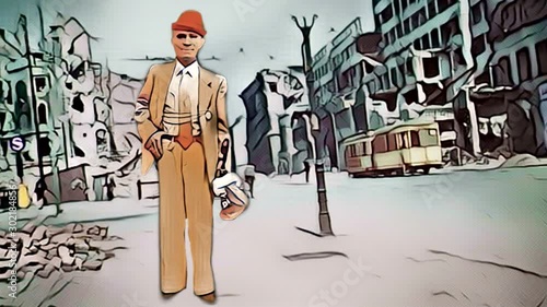 A cartoon / comic animation of a foreign / immigrant worker in an urban environment photo