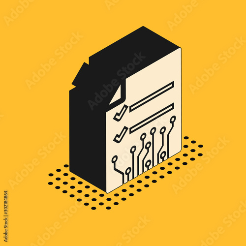 Isometric Smart contract icon isolated on yellow background. Blockchain technology, cryptocurrency mining, bitcoin, altcoins, digital money market. Vector Illustration