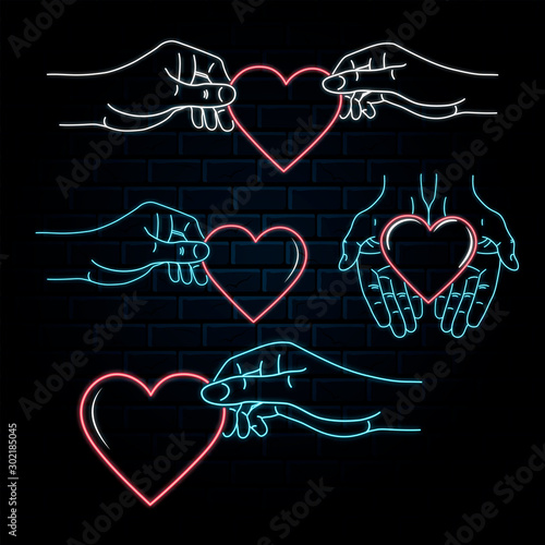 Set of glowing neon signs with hands holding heart and giving love, care for happy valentines day or wedding celebration. Vector isolated romantic led signboard for family cafe background