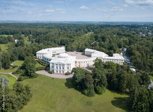 drone view of the park and palace in Pavlovsk, Petersburg, Russia..