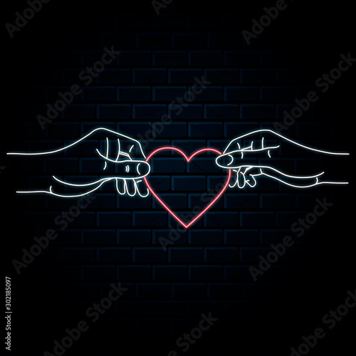 Glowing neon sign with luminic hands holding heart, giving and taking love and care for happy valentines day or wedding celebration. Vector isolated romantic led signboard for family cafe background photo