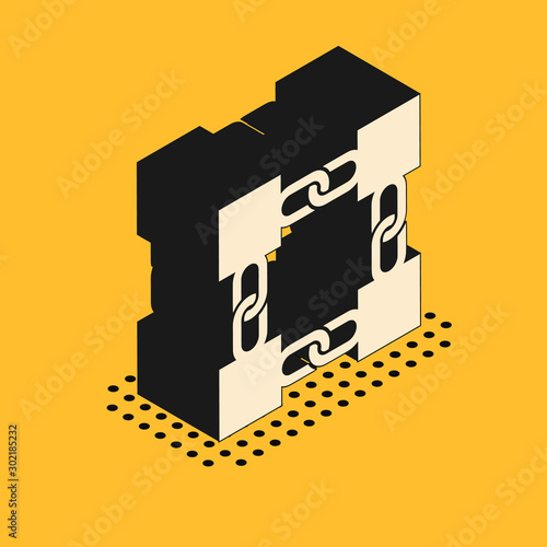 Isometric Blockchain technology icon isolated on yellow background. Cryptocurrency data. Abstract geometric block chain network technology business. Vector Illustration