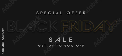 Black Friday Sale. Horizontal banner with golden shiny text. Design template. Copy space. 3D illustration.