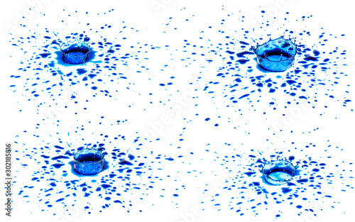 Niebieskie rozpryski.  Abstrakcyjne kształty utworzone przez krople. Rozchlapany  kolorowy płyn. photo