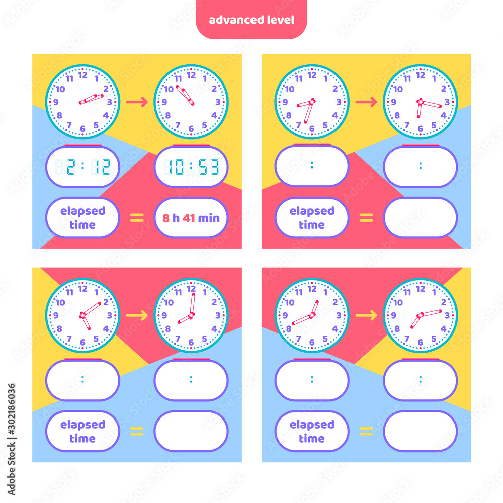 Elapsed time and Telling time worksheet for kids. Understanding analog and digital clocks