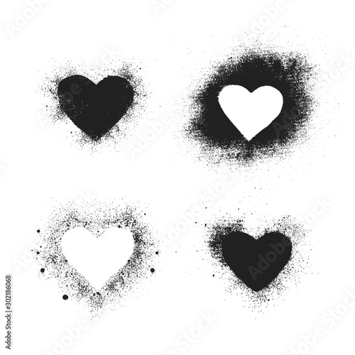 Set of hand drawn spray paint heart text box border frames. Grunge background for valentines day. Vector isolated airbrush ink dot love banner.