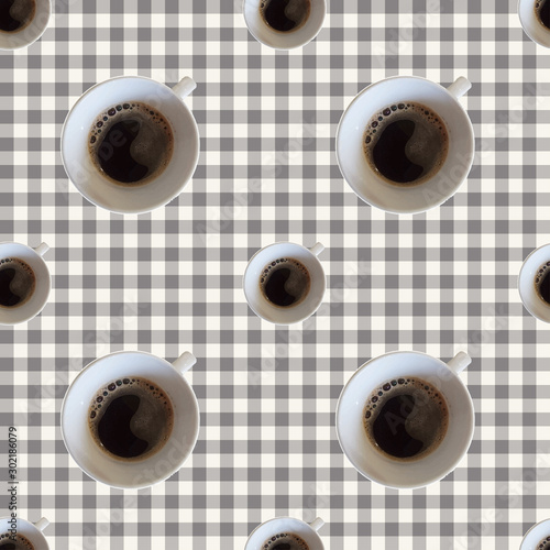 Vector seamless pattern with top veiw cup of coffee on a vichy table cloth