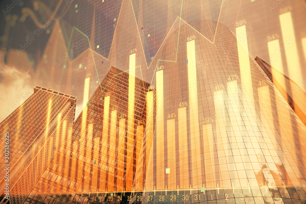 Obraz premium Forex chart on cityscape with skyscrapers wallpaper multi exposure. Financial research concept.