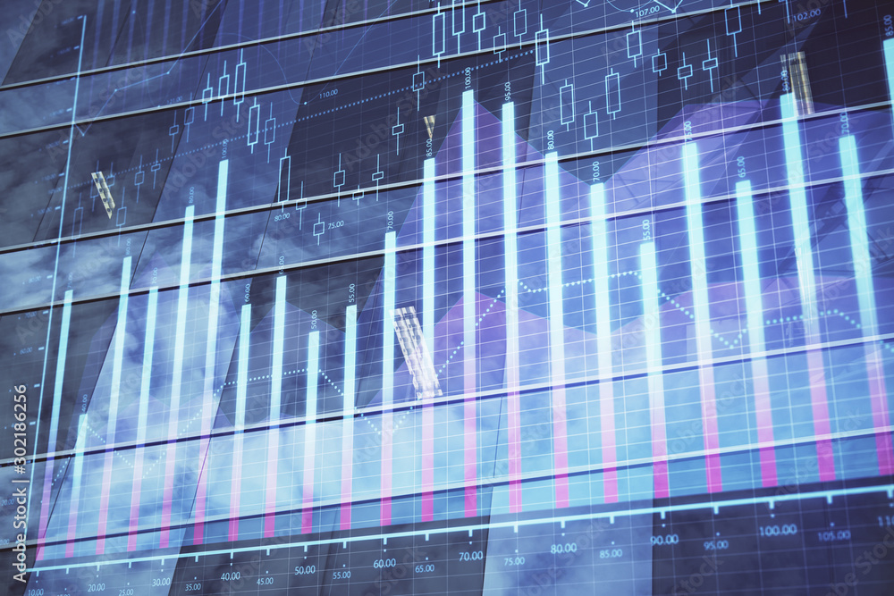 Forex chart on cityscape with tall buildings background multi exposure. Financial research concept. Forex chart on cityscape with tall buildings background multi exposure. Financial research concept.