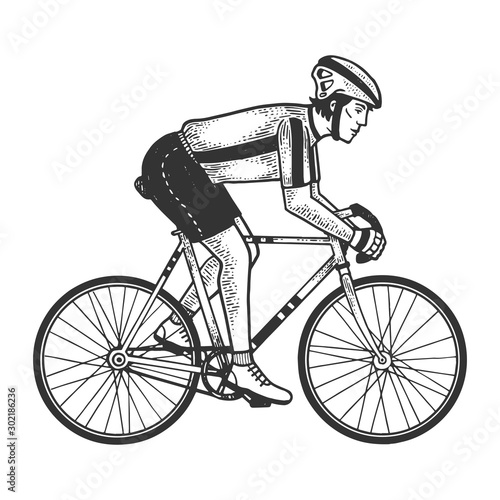 Road bicycle racer sketch engraving vector illustration. T-shirt apparel print design. Scratch board imitation. Black and white hand drawn image.