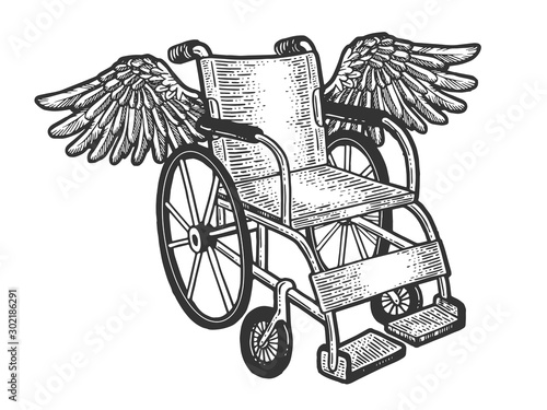 Wheelchair with wings sketch engraving vector illustration. T-shirt apparel print design. Scratch board style imitation. Black and white hand drawn image.