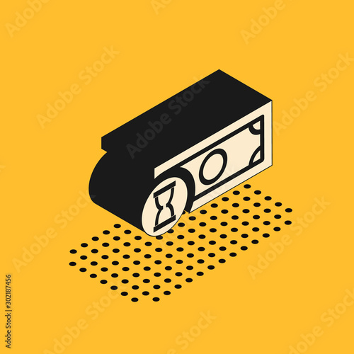 Isometric Fast payments icon isolated on yellow background. Fast money transfer payment. Financial services, fast loan, time is money, cash back concept. Vector Illustration