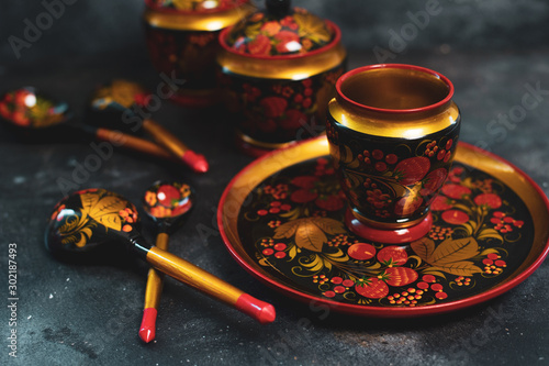Russian khokhloma, traditional wood painting handicraft souvenirs top view