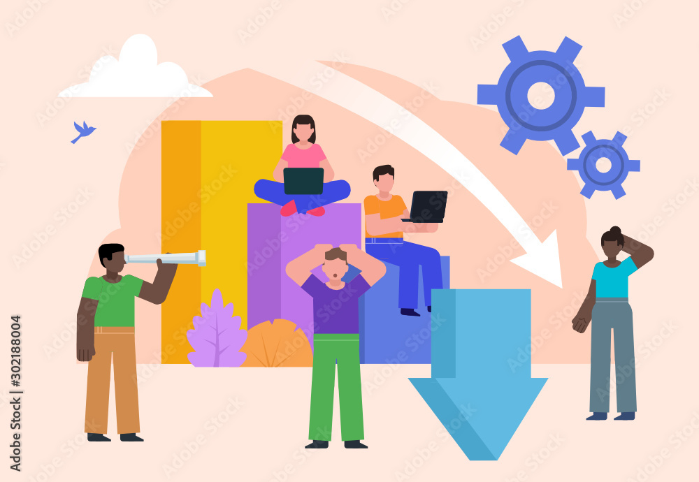 Group of people stand near falling down graph, sales, profit decrease. Poster for social media, web page, banner, presentation. Flat design vector illustration Group of people stand near falling down graph, sales, profit decrease. Poster for social media, web page, banner, presentation. Flat design vector illustration