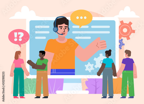 Online support, help or FAQ concept. Group of people stand near big screen with support manager. Poster for social media, web page, banner, presentation. Flat design vector illustration