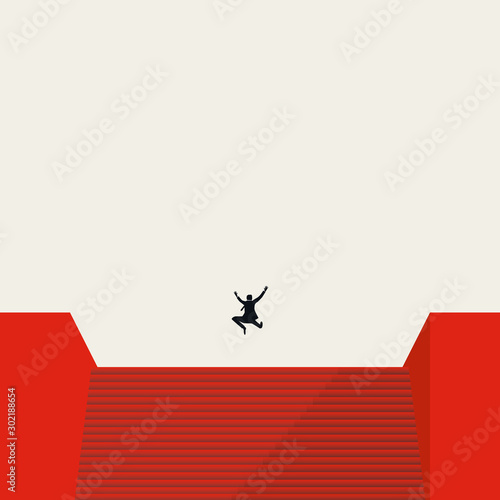 Business success celebration vector with businessman jumping on top of stairs. Career achievement and growth symbol.