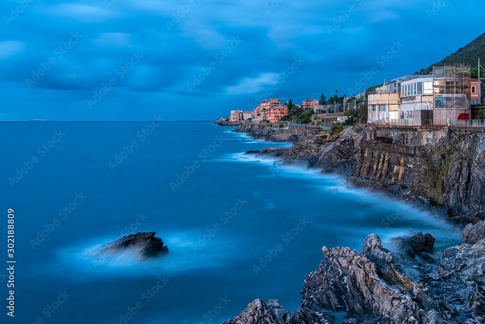 View along the coastline at Nervi at twilight