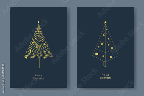Two christmas card vector templates with gold glittery christmas trees with minimalist geometry shapes. Holiday season decoration.