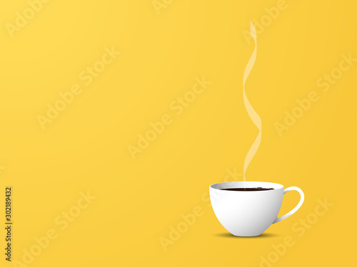 Yellow background with coffee cup side view vector illustration with copy space. Suitable for wallpapers, posters, symbol of creative process, brainstorming or calm pause, break.