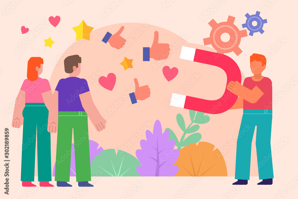 Social media likes and subscribers increase cheat. Man pulling thumb up, heart icons with big magnet. Poster for social media, web page, banner, presentation. Flat design vector illustration Social media likes and subscribers increase cheat. Man pulling thumb up, heart icons with big magnet. Poster for social media, web page, banner, presentation. Flat design vector illustration