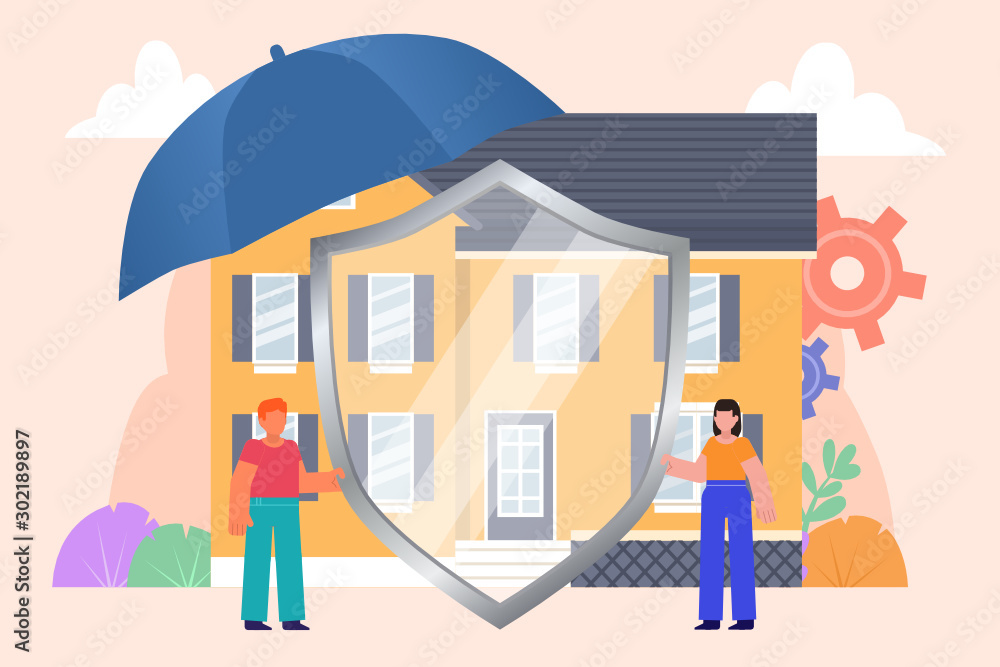 Home, real estate security system, protection or safety. Man and woman stand near house and hold big shield. Poster for social media, web page, banner, presentation. Flat design vector illustration