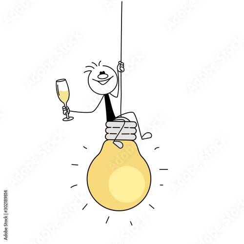 Little man sits on Bulb with Wineglass.