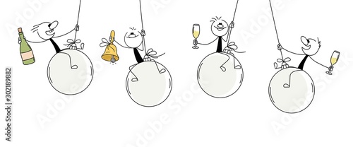 Little men sit on a Christmas Ball with Champagne Bottle, Bell, Wineglass. 