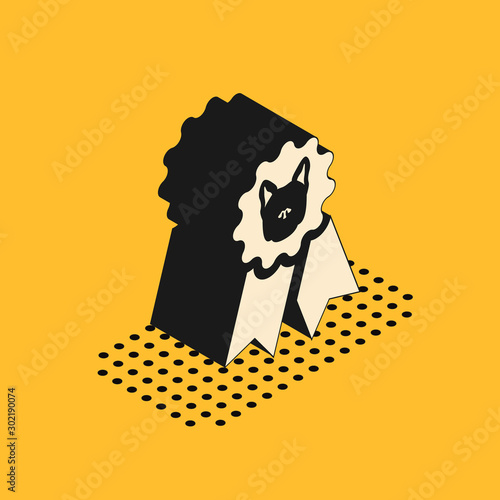 Isometric Dog award symbol icon isolated on yellow background. Medal with dog footprint as pets exhibition winner concept. Vector Illustration