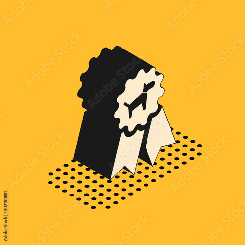 Isometric Dog award symbol icon isolated on yellow background. Medal with dog footprint as pets exhibition winner concept. Vector Illustration