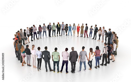 A group of different people stand in a circle isolated on a white background. A social event or public meeting with an empty stage for a performance. 3D rendering.