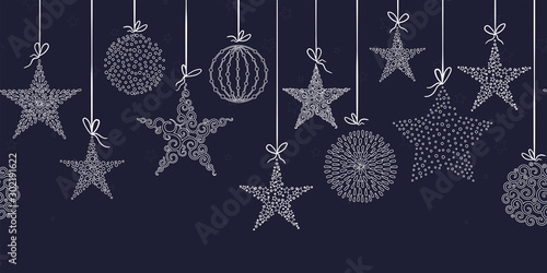 Hand drawn hanging christmas baubles horizontal seamless, great for christmas themes, banners, wallpaper, textiles - vector design