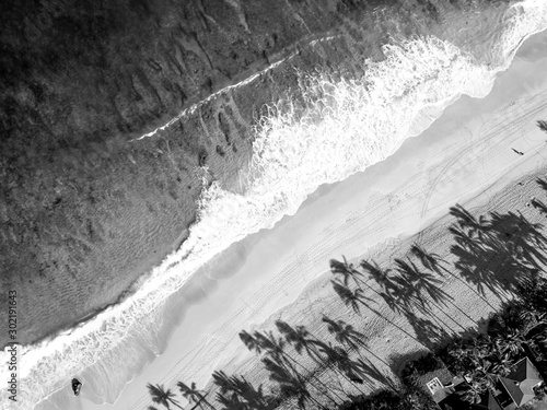 Black and white aerial photo of a beach in Hawaii