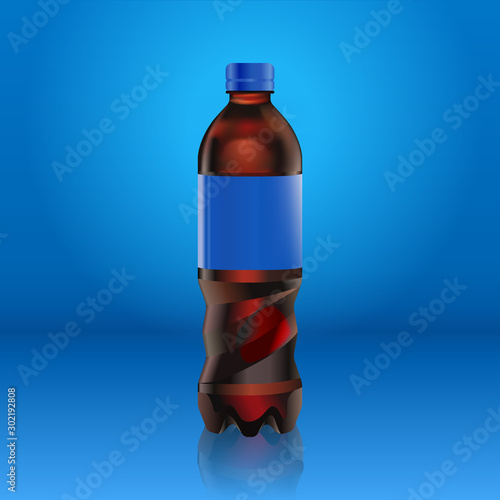 Realistic pepsi cola bottle mock up with blue label isolated on blue background reflected off the floor, vector illustration. Suitable for your large format ads, billboards and posters photo
