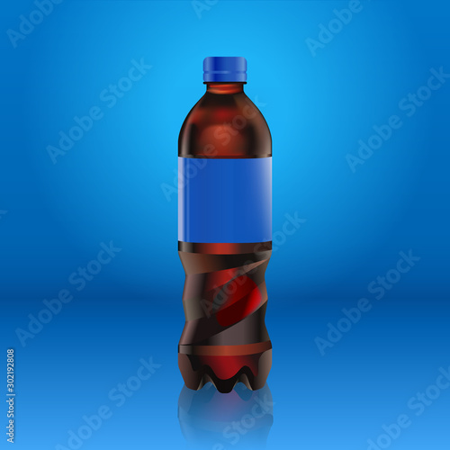 Realistic pepsi cola bottle mock up with blue label isolated on blue background reflected off the floor, vector illustration. Suitable for your large format ads, billboards and posters