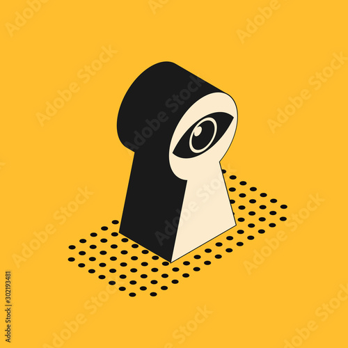 Isometric Keyhole with eye icon isolated on yellow background. The eye looks into the keyhole. Keyhole eye hole. Vector Illustration