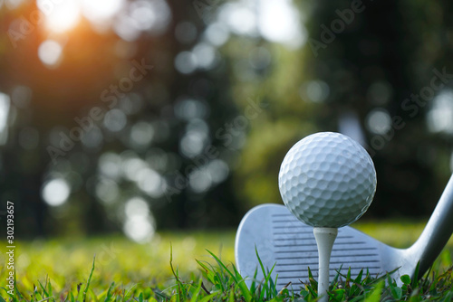 Fotografi Blurred golf club and golf ball close up in grass field with sunset