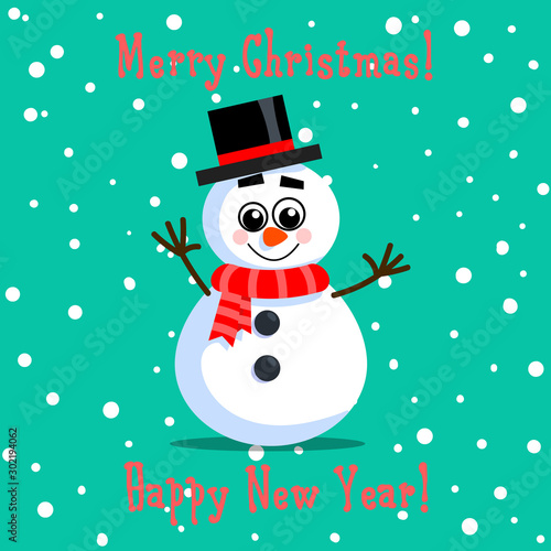 Snowman in hat, snow, neon mint