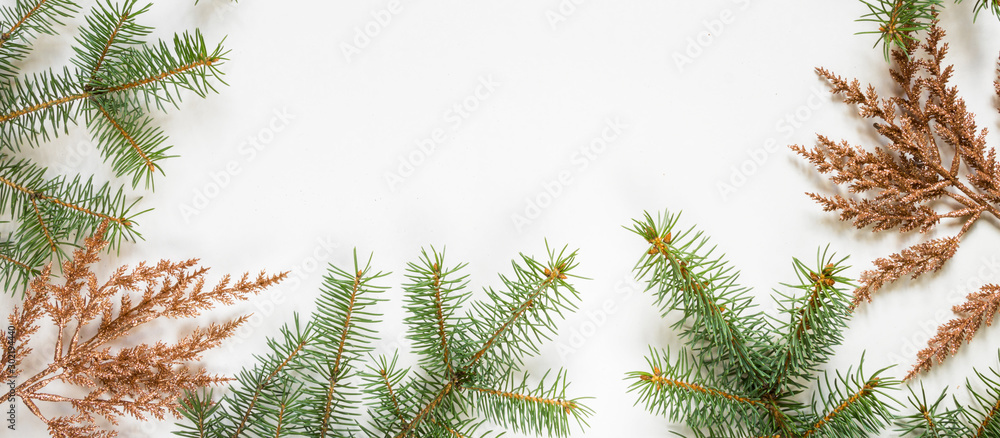 Christmas flat lay top view, gifts in different wrappers boxes on a white background, festive decor copy space.Long banner