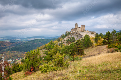 Cachtice castle with surrounding landscape in autumn time, Slovakia, Europe.